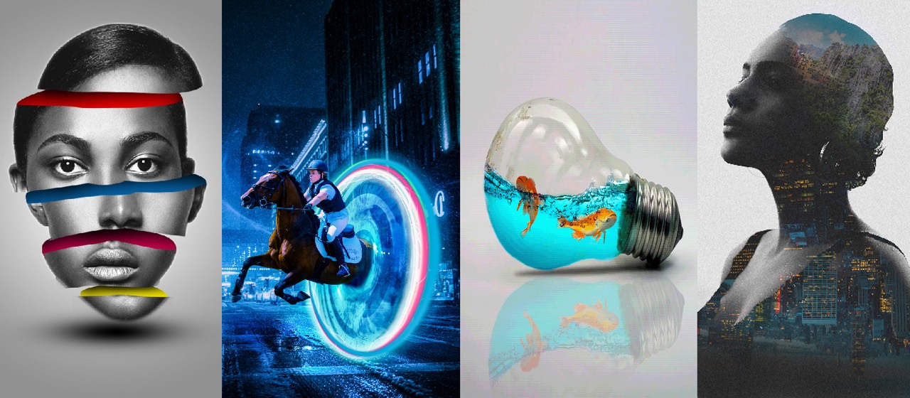Student digital artwork: surreal portrait, fantasy scene, lightbulb aquarium and double-exposure portrait