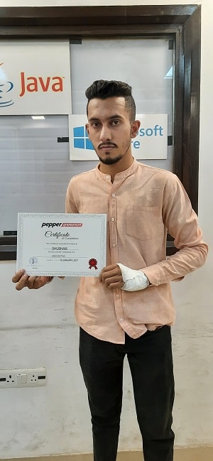 Pepper Animation student holding a course completion certificate